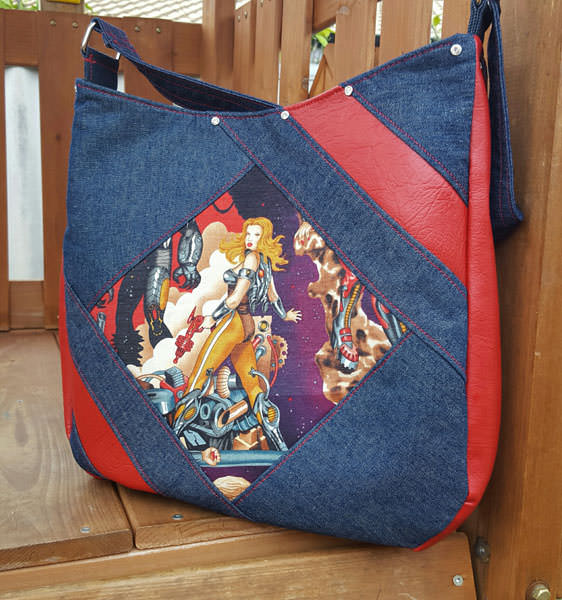Eye catching denim and red leather Feature Me Everyday Tote - Andrie Designs