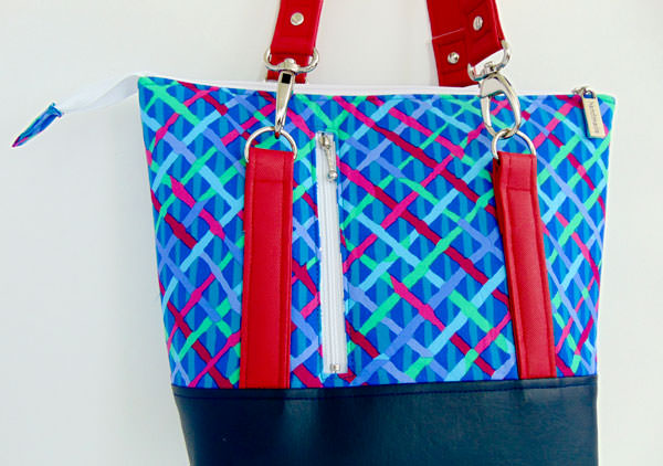 Back view of the blue and red cross hatch Classic Carryall Handbag & Tote - Andrie Designs