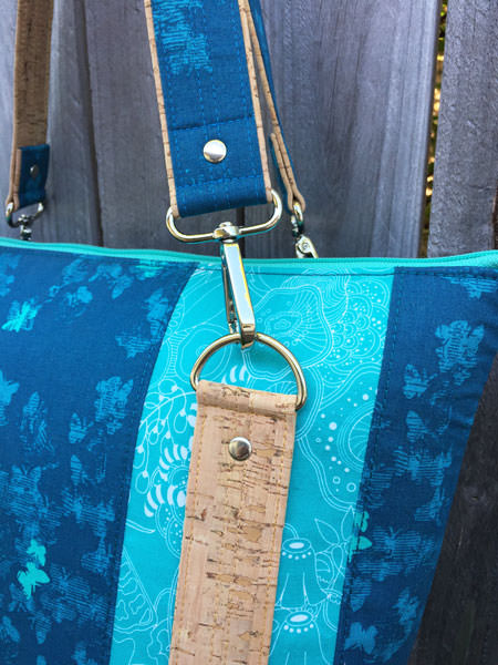 Close up of my teal, cork and leather Classic Carryall Handbag & Tote - Andrie Designs