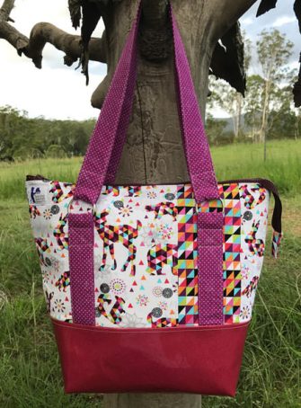 Geometric print paired with magenta and red glitter vinyl Classic Carryall Handbag & Tote - Andrie Designs
