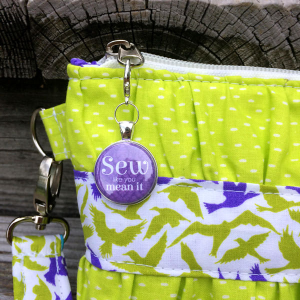 Purple zipper pull on a gorgeous lime green Gather Me Up Clutch - Andrie Adornments