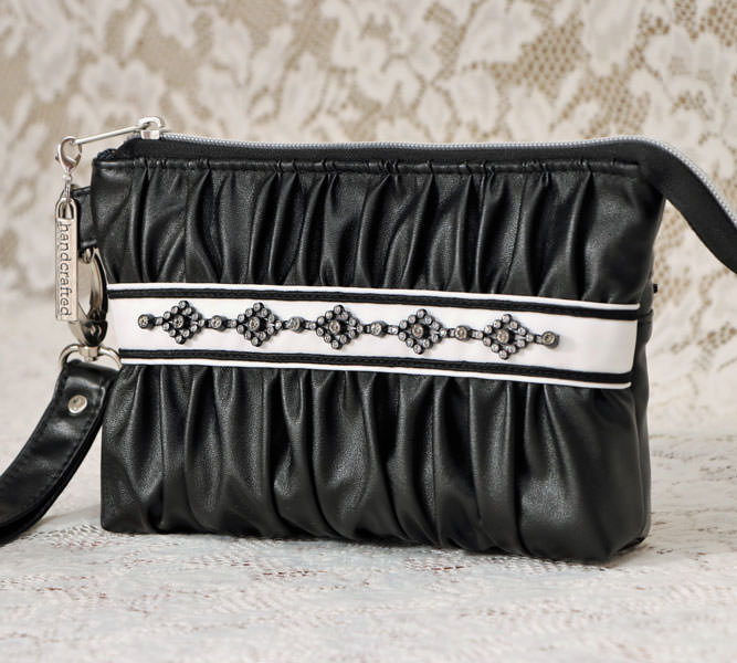 Classy black faux leather Gather Me Up Clutch - Andrie Designs