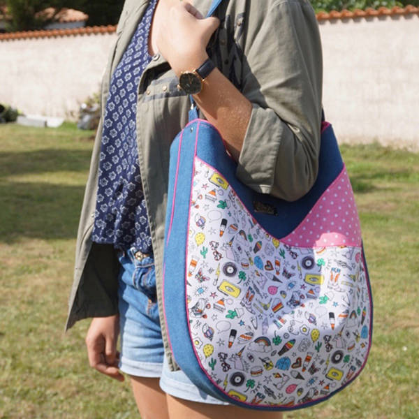 Front view of the object-based pink and denim S & S Tote - Andrie Designs