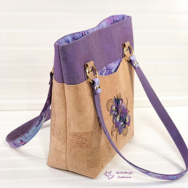 Side view of the lavender and cork for this Classic Market Tote - Andrie Designs