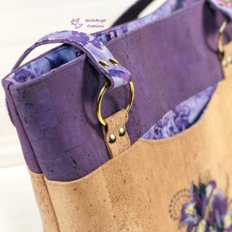 Beautiful gold O-Rings on the lavender and cork for this Classic Market Tote - Andrie Designs