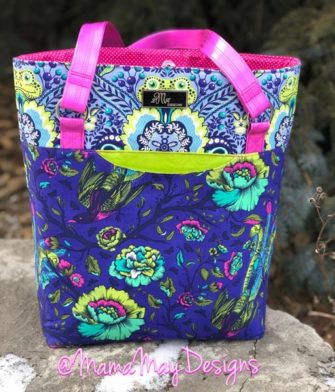 Full view of the Tula Pink and hot pink vinyl Classic Market Tote - Andrie Designs