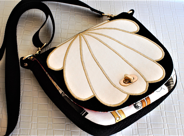 'Clamshell' motif in creams, blacks and gals - That Flap Saddlebag - Andrie Designs