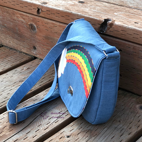 Side view of the 'rainbow' motif That Flap Saddlebag - Andrie Designs