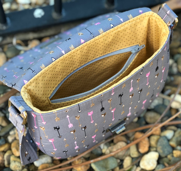 Inside the grey and gold 'clamshell' motif That Flap Saddlebag - Andrie Designs