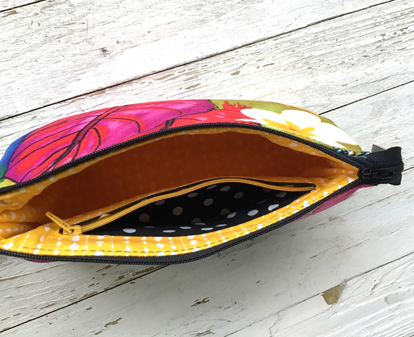 Interior of the bright and colourful V Pouch - Andrie Designs