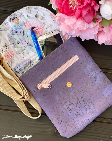 Open view of the floral and cork Polly Cross Body Pouch - Andrie Designs