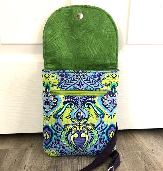 Flap open on the blues and greens Polly Cross Body Pouch - Andrie Designs